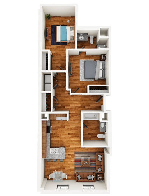 Floor plan for 2 beds, 2 baths, 1087 sqft